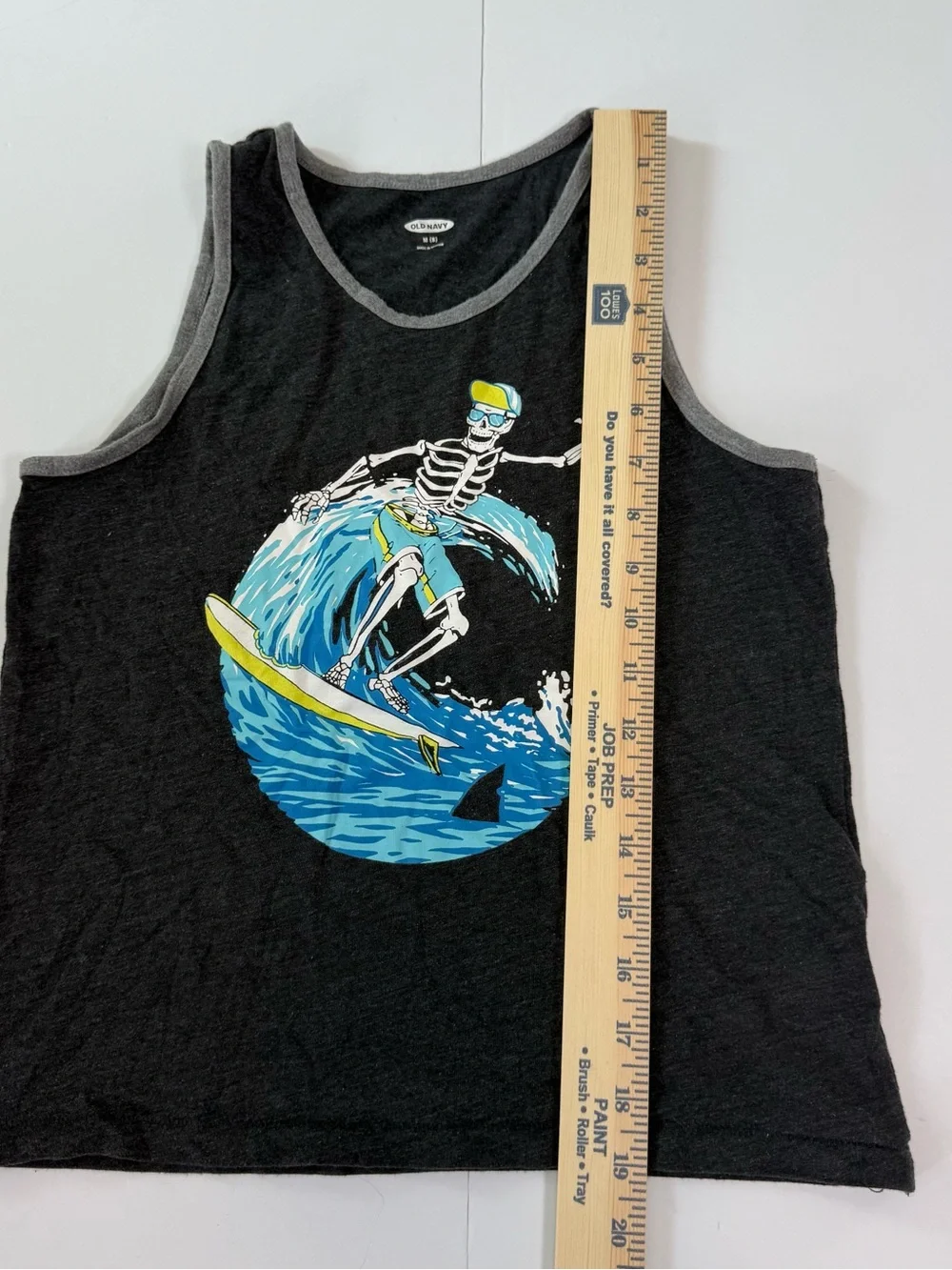 Old Navy Black Tank Top with Blue & Yellow Surf Skeleton Graphic